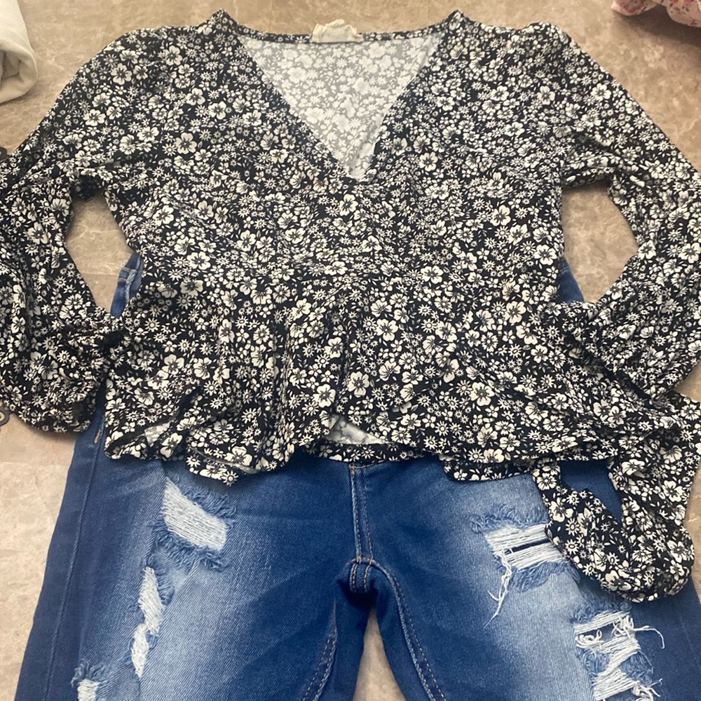 Black floral blouse and Jean set